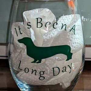 New Dachshund dog it's been a long day wine glass